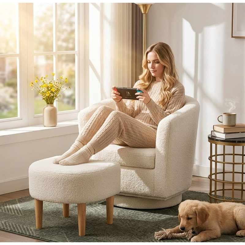 Fauteuil demi-tonneau pivotant avec repose-pieds Sharolynn, Ourson en fausse fourrure blanc