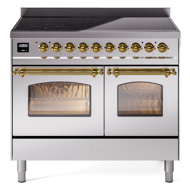 Cuisinière à induction ILVE Nostalgie II Series 40 po avec 6 éléments à induction (porte en verre), Acier inoxydable / laiton