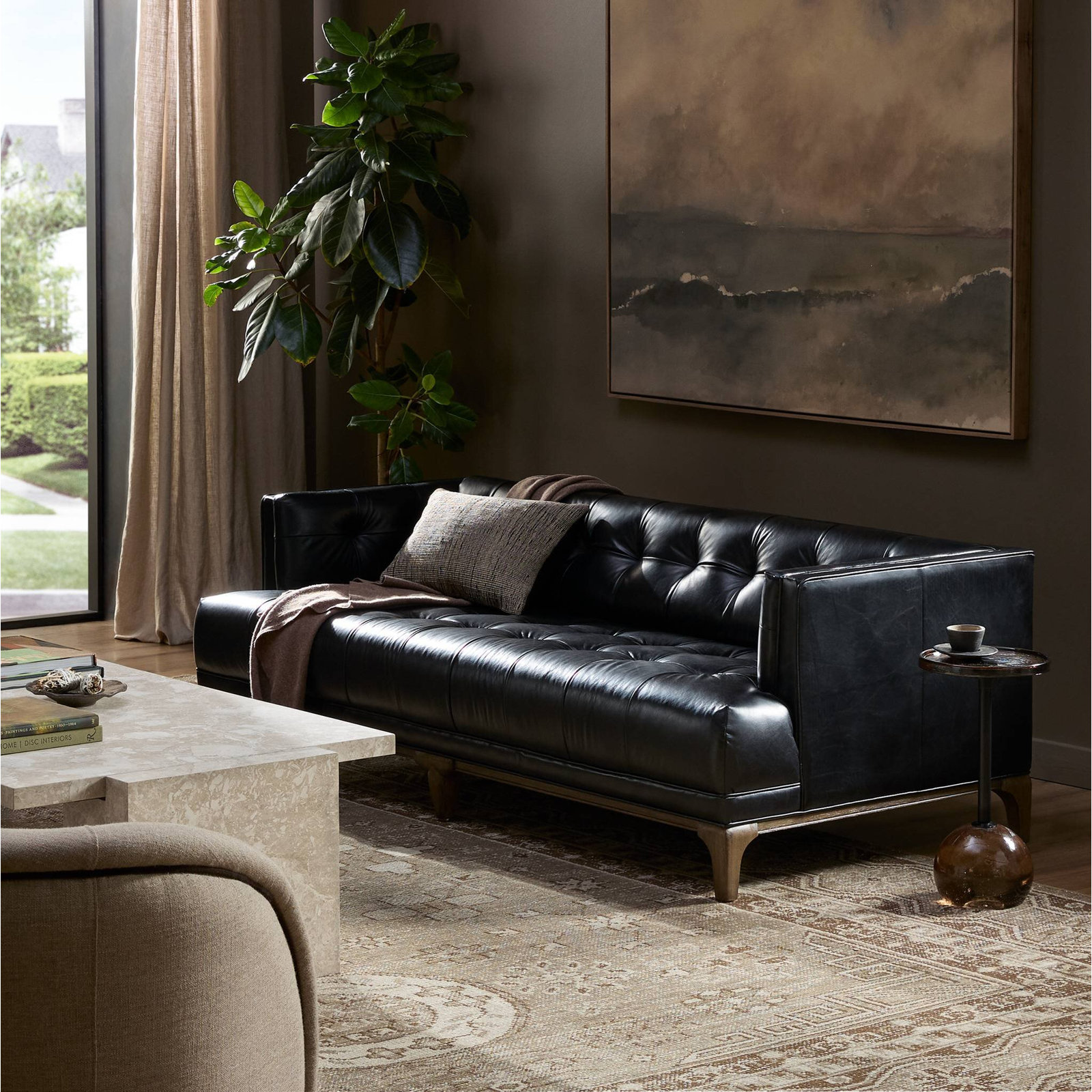 Alix 78" Genuine Leather Sofa, Rider Black Genuine Leather