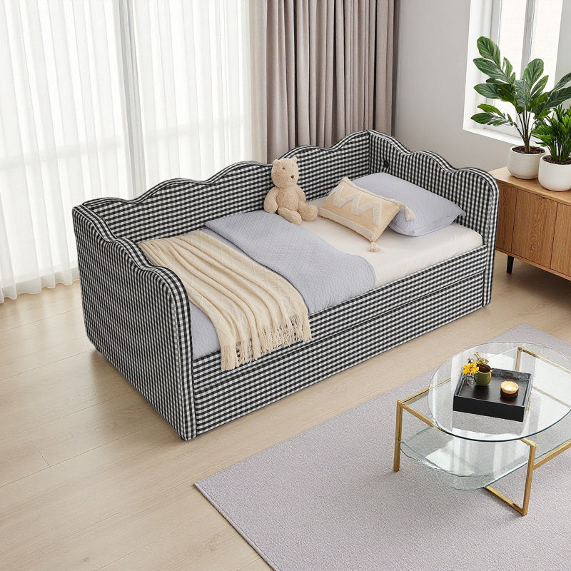 Cozy Gingham Daybed With Trundle Twin Size Sofa Bed No Box Spring Needed, Black