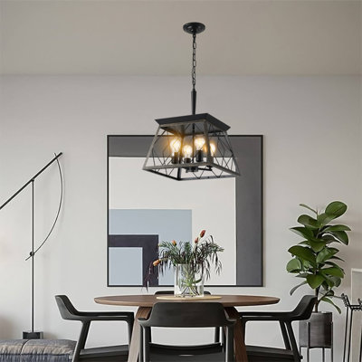 16" Industrial 4-Light Pendant Chandelier, Modern Metal Cage Design, Adjustable Hanging Light For Dining Room, Kitchen, Living Room (No Bulbs)