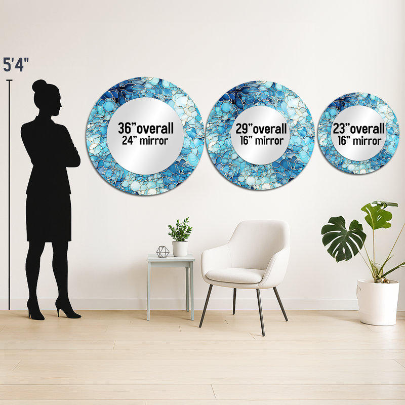 Ocean Blue Mosaic Turquoise - tropical  Mirror, Blue Unique Wall Mirror, Printed Metal Art, 29" x 29", Round