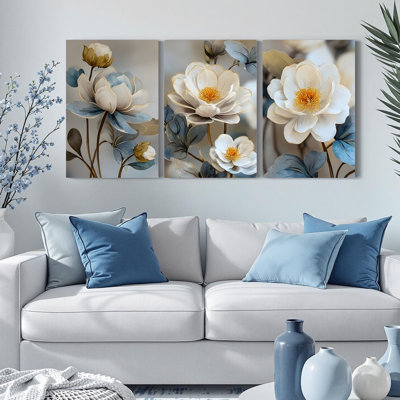 Ensemble de 3 toiles florales lotus blanches et dorées