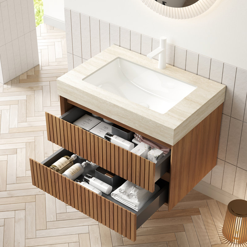 Meuble-lavabo suspendu de 76 cm (30 po), rangement en contreplaqué rayé, 2 tiroirs, motif pierre frittée, lavabo encastré en céramique, couleur, système de fermeture amortie pour les tiroirs, E0, meuble-lavabo et lavabo faciles à installer, armoire.