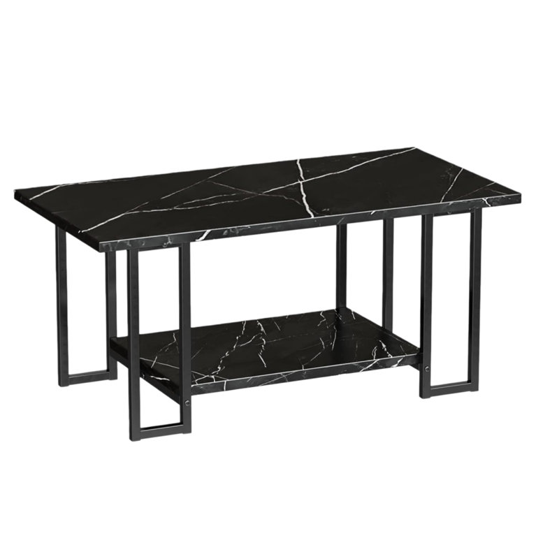 Marble Coffee Table, Industrial Cocktail Tables With Black Metal Frame, 2 Tier Modern Rectangular Center Table For Living Room, Office, Balcony