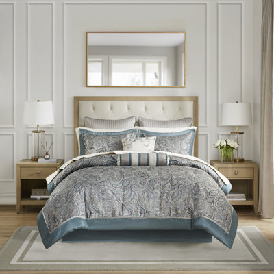 Aubrey Teal Paisley 12-Piece King Comforter Set with 100% Cotton Bed Sheets