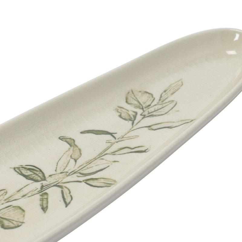 Oval Debossed Stoneware Tray with Botanical Design and Green Reactive Crackle Glaze