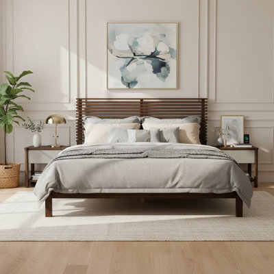 Premium Solid Wood Queen Size Platform Bed Frame With Horizontal Slat Headboard, Modern Walnut Wood Bedroom Furniture, 600 Lbs Weight Capacity,No Box Spring Needed, Fits All Mattresses