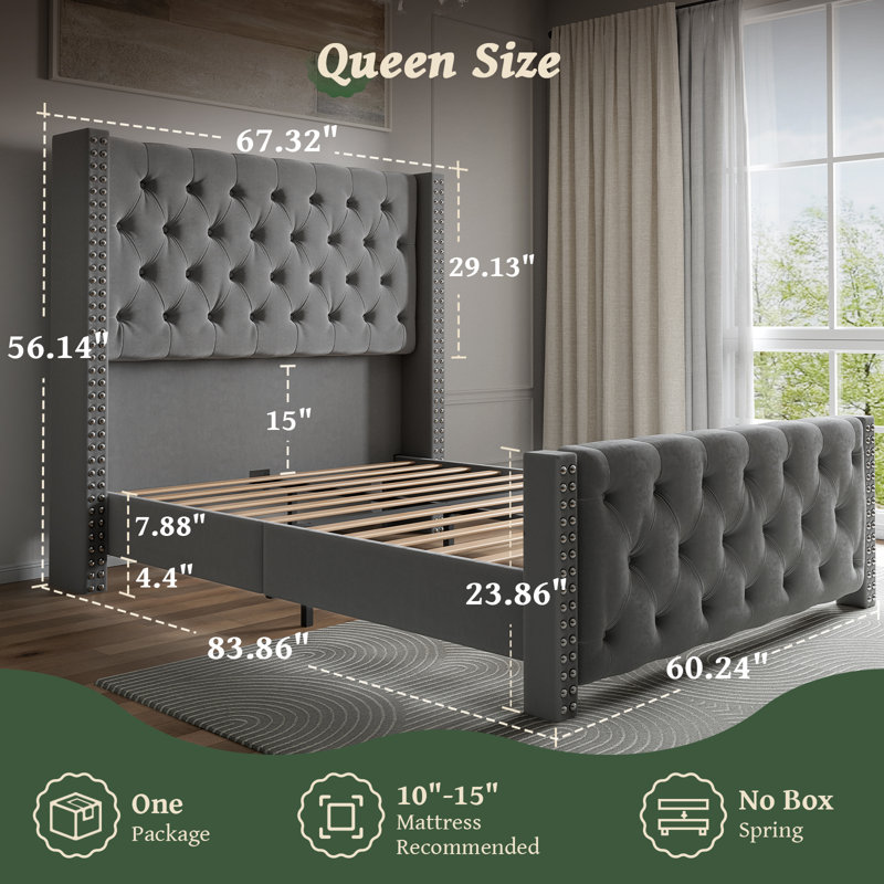 Velvet Upholstered Wingback Bed With Deepen Button Tufting Quiet Platform Bed Frame, Gray, Queen