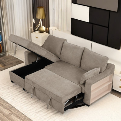 Jille L-Shaped Convertible Sofa Bed with Storage Chaise, Storage Racks and USB Ports