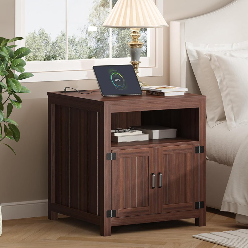 24" Farmhouse End Table With Charging Station, Large Side Table With Storage Cabinet And Open Shelf, Brown