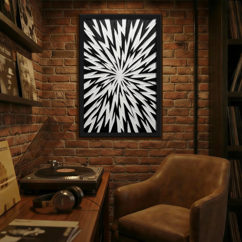 Abstract Black And White Radiating Zigzag Pattern, 20" H x 30" W