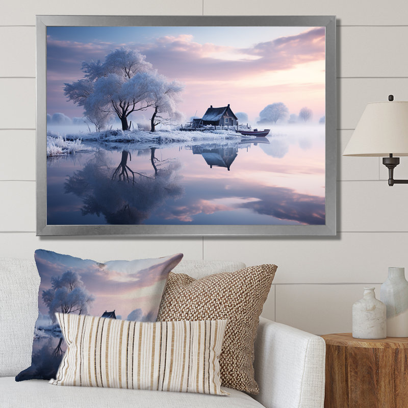«Winter Landscape White By The Lake», reproduction sur toile, Cadre simple argenté, H 24 po x l 32 po x P 1 po