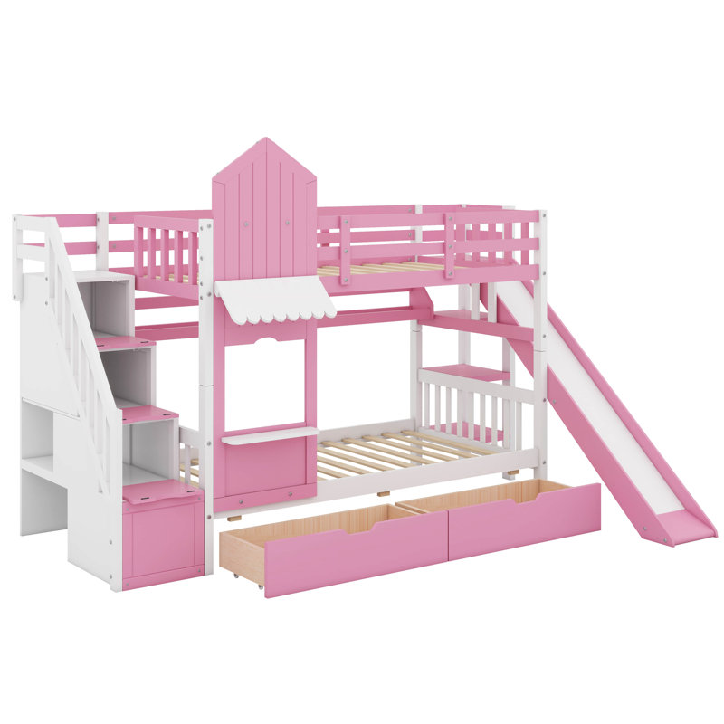 Lit superposé simple au-dessus d'un lit simple de style château avec tiroirs et tablettes, Rose