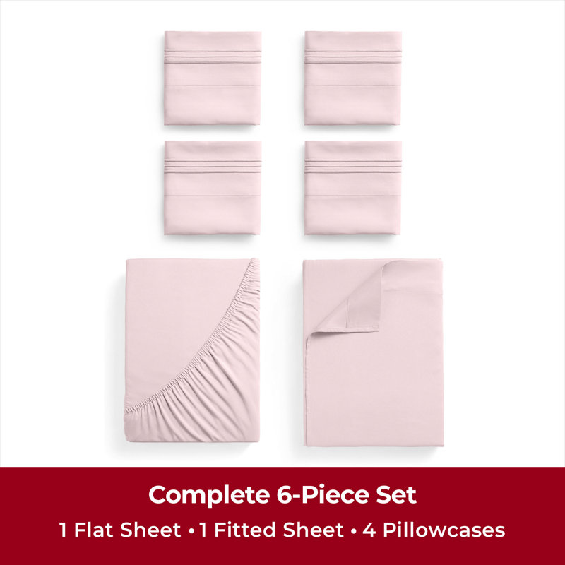Ensemble de draps 6 pièces Mellanni 1800, Rosé, Ensemble de draps très grand californien avec 2 t