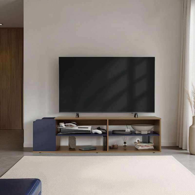 Meuble télé avec tablettes ouvertes pour divers espaces de rangement modernes, console média pour le salon, chêne naturel, bleu