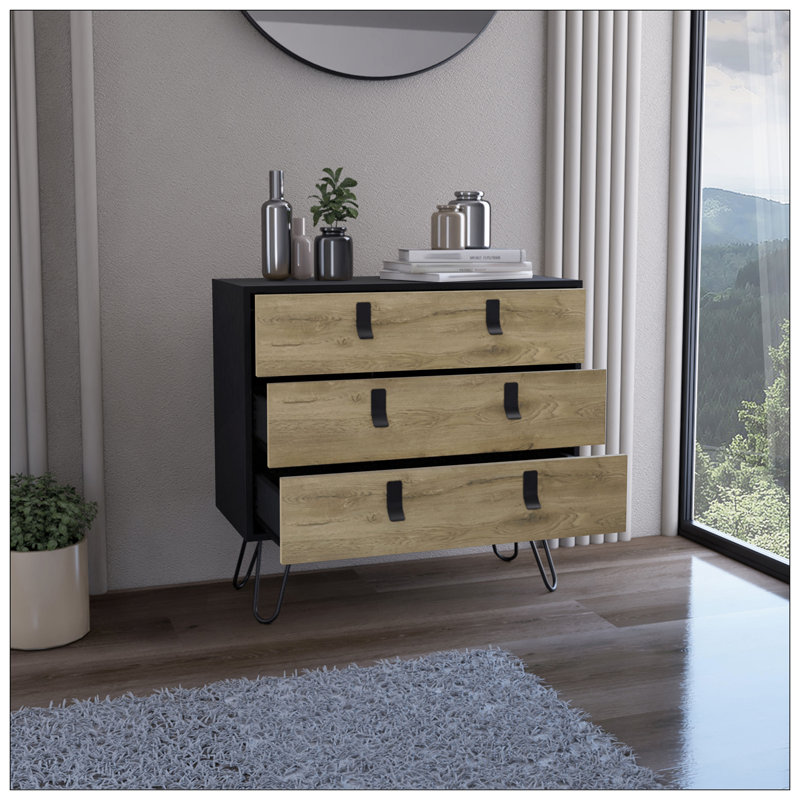 Commode H 29 po, commode 3 tiroirs, commode moderne avec pieds en épingle et détails métalliques, noir / macadamia
