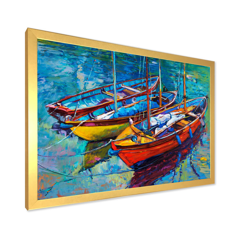 Trois bateaux dans le port - Peinture sur toile, H 12 po x l 20 po x p 1 po, Cadre doré