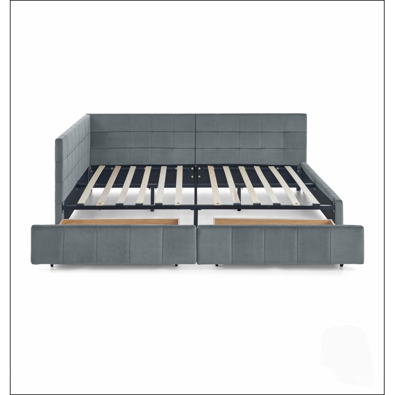 Lit double capitonné avec rangement, dossier, accoudoirs et revêtement en velours gris, au design confortable comme un canapé.