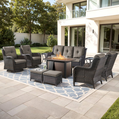 Wendye 10-Piece Outdoor Wicker Patio Set With Swivel Glider Chairs & 55,000 BTU Fire Pit Table