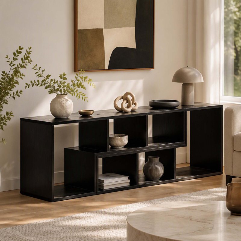 Meuble télé moderne en bois aggloméré noir, console multimédia extensible et personnalisable, centre de divertissement à combinaison libre avec tablettes de rangement ouvertes pour le salon, la chambre à coucher et le bureau