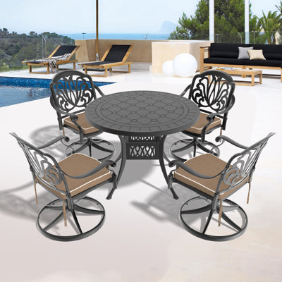 5-Piece All-Weather Cast Aluminum Dining Set, Include 4 Swivel Chairs And 39.37" Round Table With Black Frame