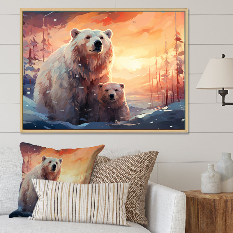 Famille d'ours polaire Starlit en hiver II - ours 2, art mural, Cadre flottant blanc, H 16 po x l 32 po x P 1 po