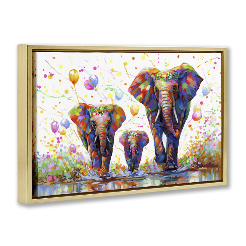 «Elephants & Celebration Ballons», toile flottante encadrée grise par Leon Devenice, Cadre flottant métallique doré