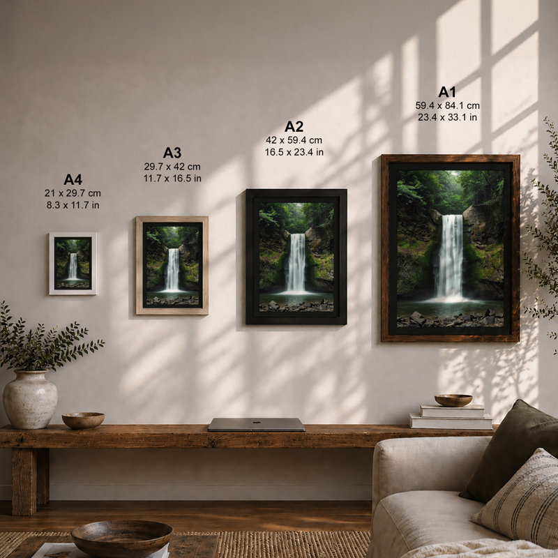 Forest Waterfall Scandinavian - Framed Print, A3 - 42.0 x 29.7 cm, White