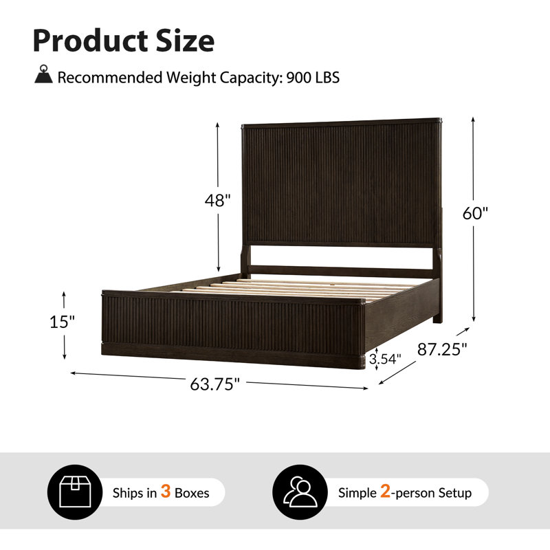 Graciana 60"H Modern Solid Wood Fluted Bed, Queen, Black
