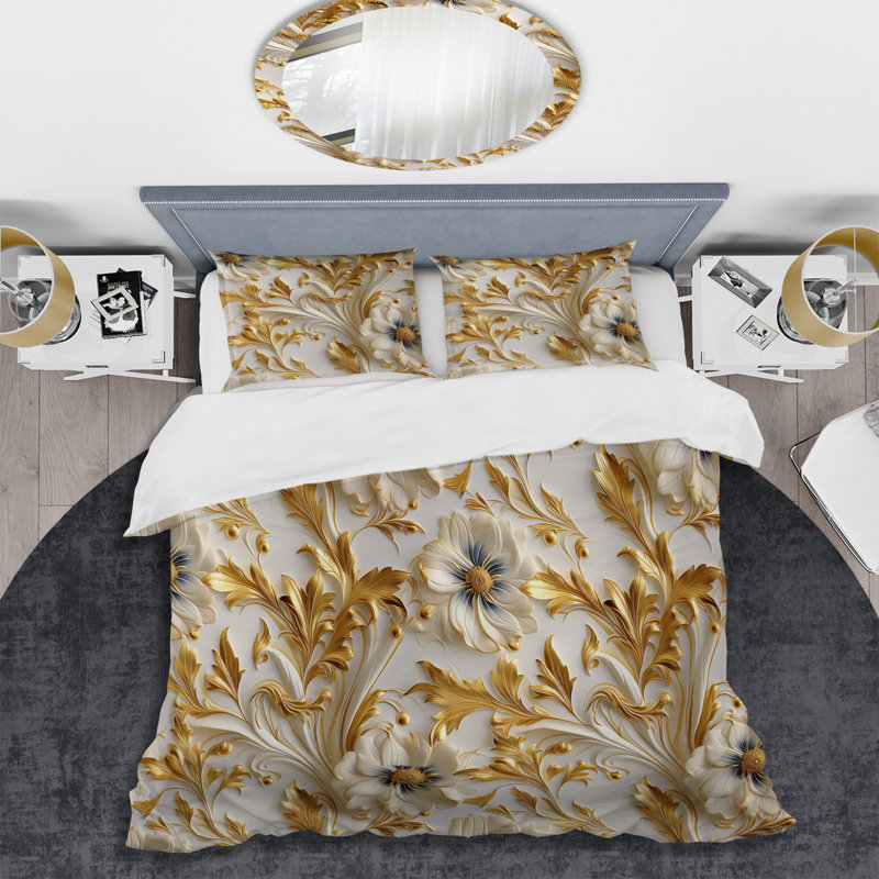 Literie Serenity III dorée et blanche Royal Flower Garden, Housse de couette simple + 1 taie décorative stan
