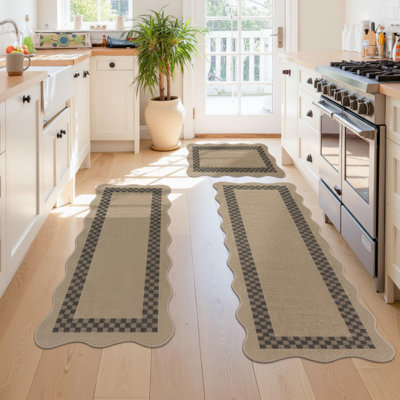 Non-Slip Scalloped Kitchen Rug Set 3PCS, Washable Low-Profile Jute Mats