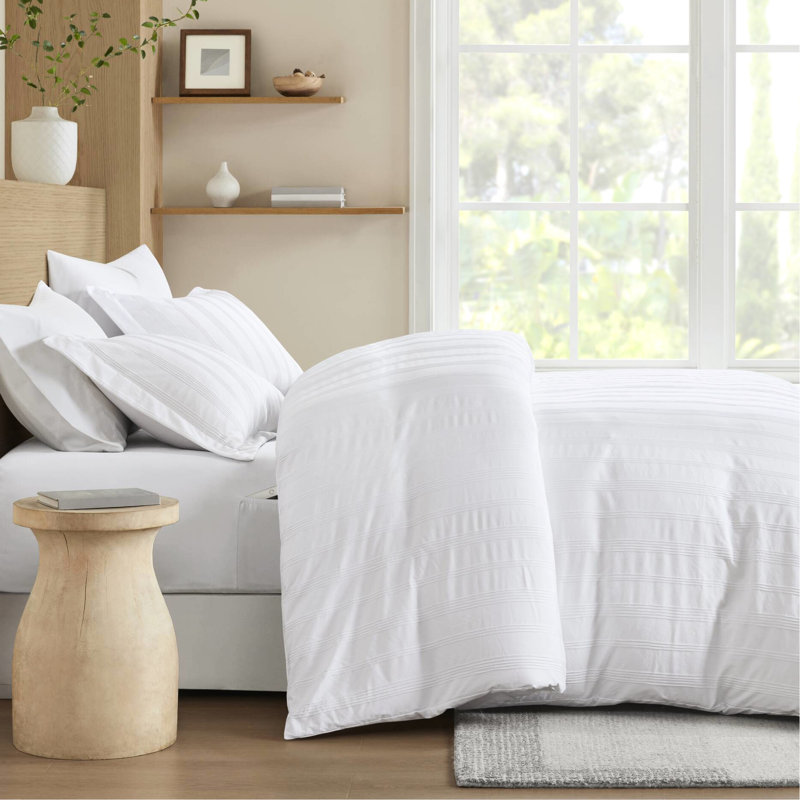 Couette 3 pièces à rayures tissées avec revers en microfibre, antidérapant, idéale pour les chambres à coucher, Blanc