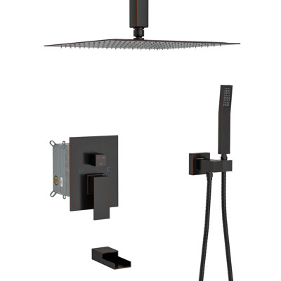 Douche huilée en bronze huilé - Douche de baignoire à fixation au plafond de 12 pouces avec douchette à 3 fonctions pour la pluie et les douches à main - Valve équilibrée Installation facile Entretien du système avec garantie d'hygiène d'installation