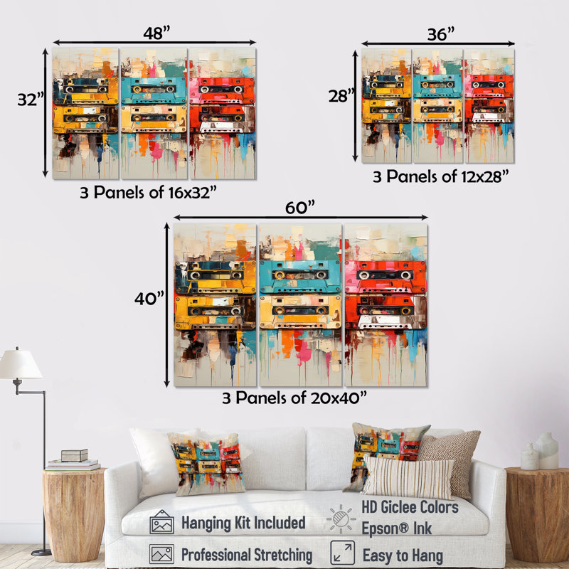 Popart Cassette Tapes Nostalgy I - Cassette Tapes Wall Art, ensemble d'impression, H 28 po x l 36 po x P 1 po, Toile tendue