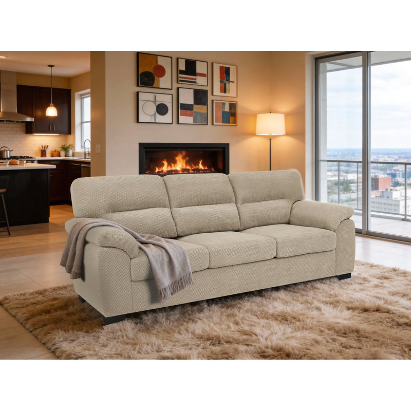 Canapé 3 places, canapé en tissu camel, mobilier de salon moderne, canapé en tissu texturé, canapé minimaliste, fauteuil confortable, canapé à structure robuste