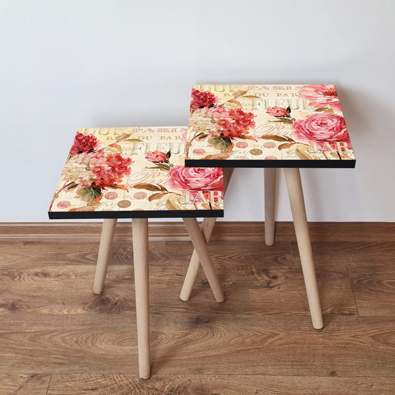 Elegant Nesting Tables (2 Pieces), Nostalgia Flower Design, Beech Wood Legs, 13.8 x 18.5 x 13.8 inches & 13.8 x 16.5 x 13.8 inches | 100% MDF, Thickness: 0.7 inches | Perfect for Living Room, Stylish & Functional