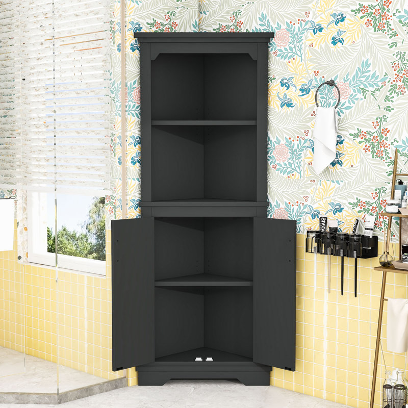 Grande armoire d'angle avec portes, 2 tablettes ouvertes et rangement dissimulé