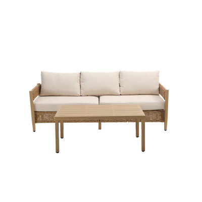 Canapé en rotin 3 places avec table basse, ensembles de mobilier d'extérieur avec coussins