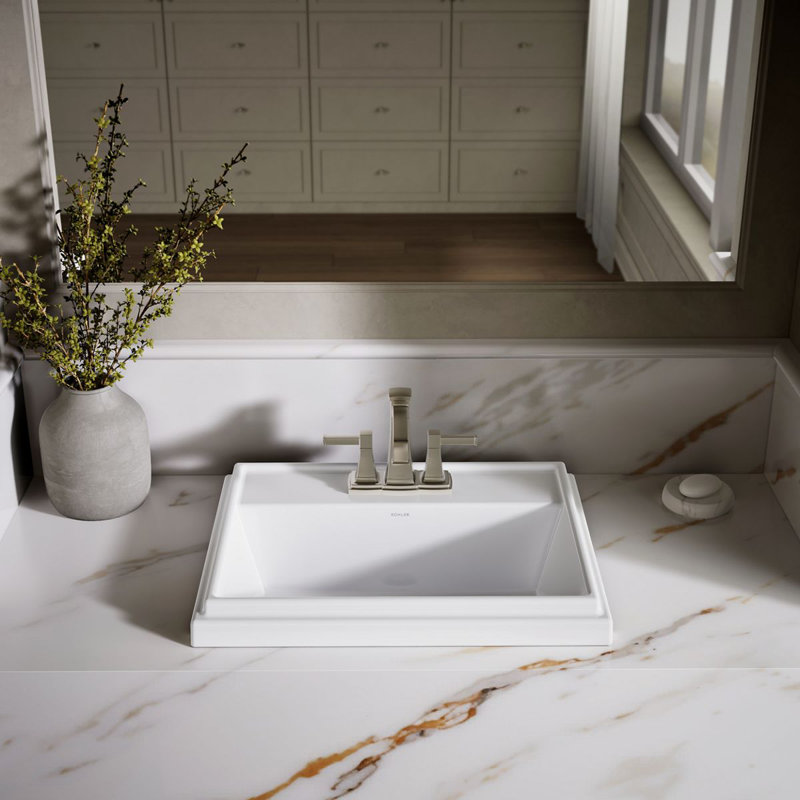 Tresham® Ceramic Rectangular Drop-In Bathroom Sink with Overflow, White, 4'' Centerset