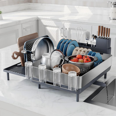 Grand égouttoir à vaisselle, égouttoirs à vaisselle extensibles pour comptoir de cuisine, égouttoir à cuisine peu encombrant en acier inoxydable 304, égouttoir très grand avec chevilles rabattables multifonctionnelles (gris et argent)