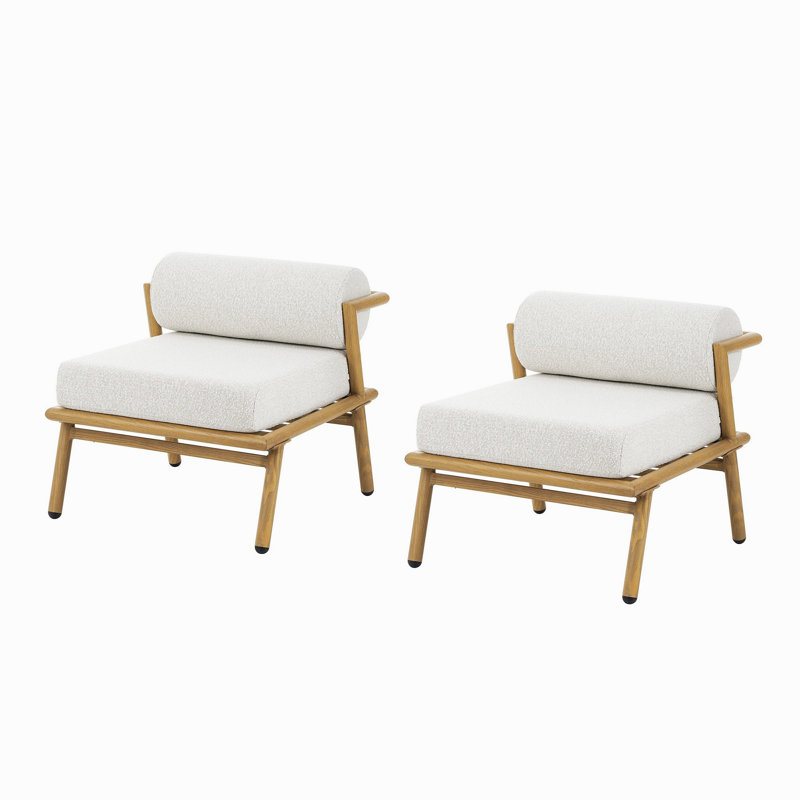 Fauteuil club d'extérieur en fer au fini teck La Fiora, coussin blanc cassé, ensemble de 2