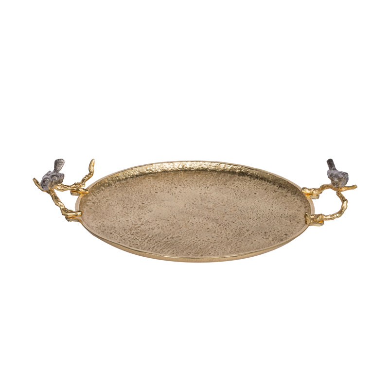 21” Decorative Gold Aluminum Tray with Silver Bird Handles, Nature-Inspired Accent Tray for Serving, Organization, or Centerpiece Display 