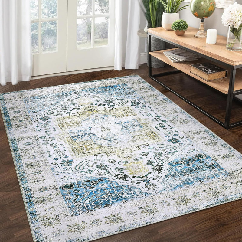 2x6 Runner Rug Kitchen Hallway Entryway – Vintage Floral Oriental Design Non-Slip Stain Resistant Low Pile Floor Covering (Blue)