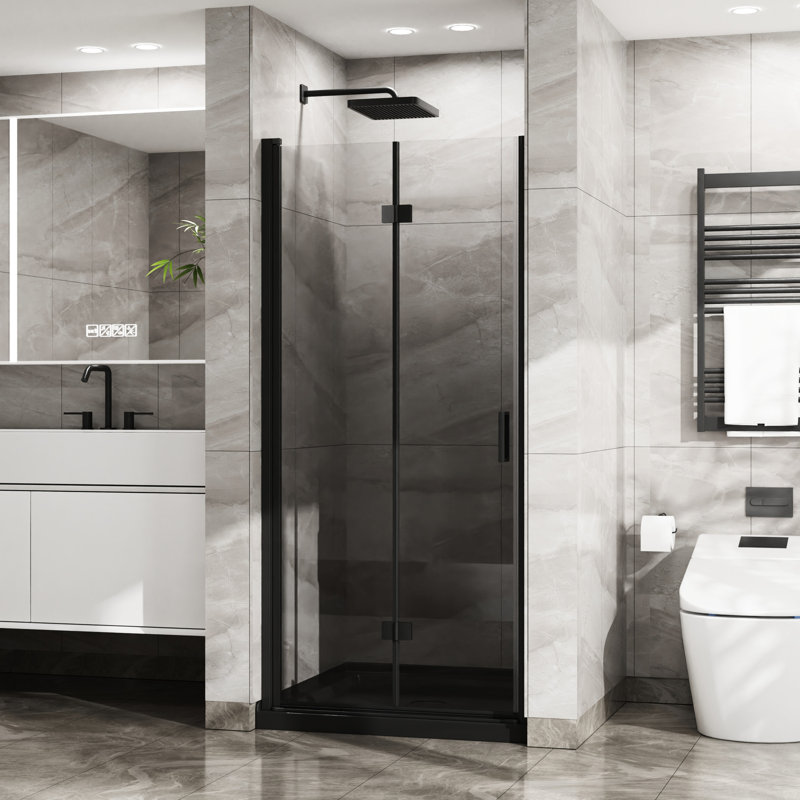 Porte de douche en verre 72 po x 34 po - Balançoire pivotante noire trempée 1/4 po d'épaisseur avec bandes de joint pliantes de 72 po de hauteur et finition facile à installer