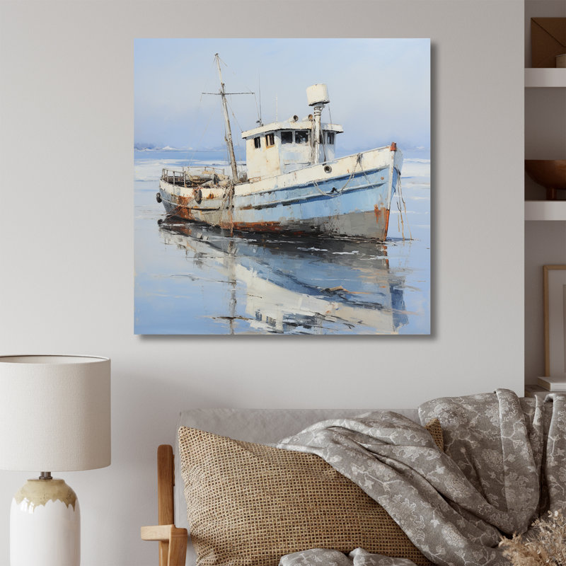 «Tranquil Waters Fishiing» - Art mural bateau, Toile tendue, H 16 po x l 16 po x P 1 po