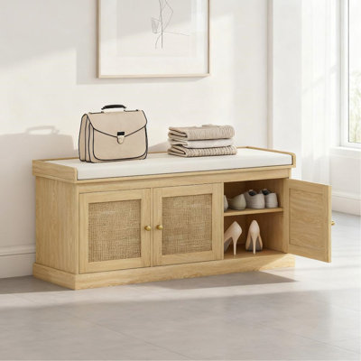 Banc de rangement pour chaussures avec portes en rotin tissé, banc pour chaussures