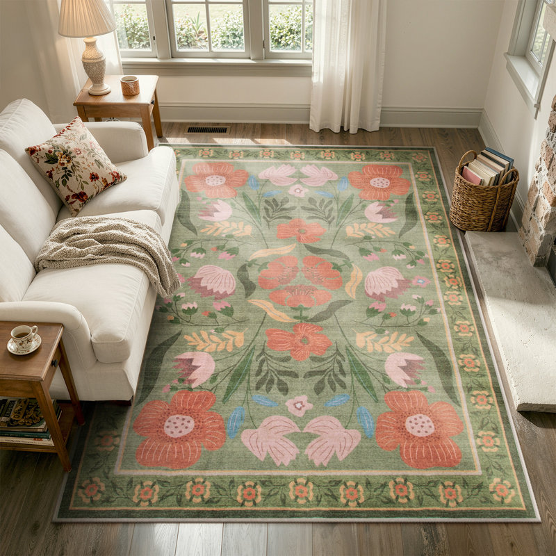 Kaldi Washable American Country Floral Rug Vintage Farmhouse Style Floor Mat, Rectangle 5' x 7'