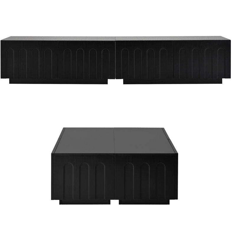 Meuble télé noir et table basse, design arqué pour la sophistication, 8 tiroirs spacieux pour articles quotidiens, salon ou chambre à coucher multifonctionnel, paire, design, tiroirs, rangement dissimulé spacieux, fonctionnel,