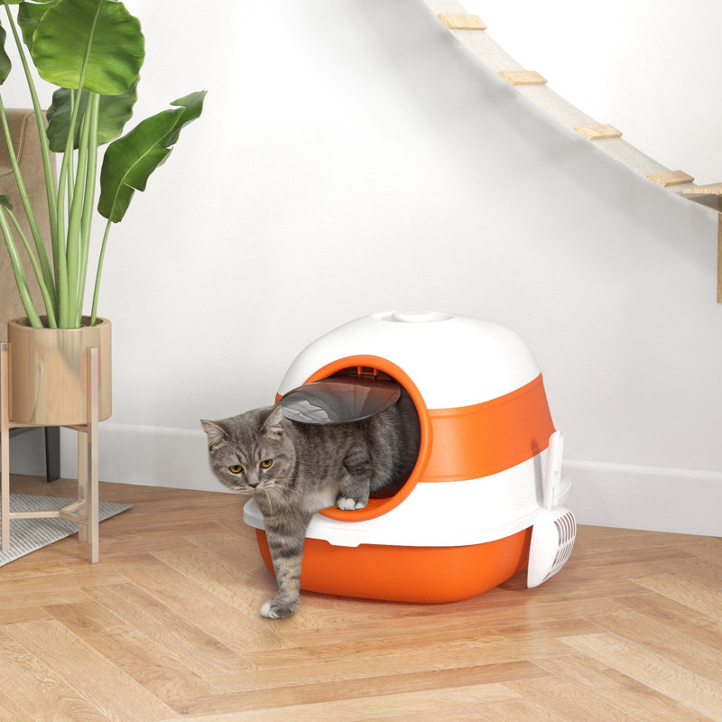 Bac à litière pour chats, pliable et compact, facile à nettoyer, surélevé, grand à deux entrées, orange noir, bac à chat à circulation d'air améliorée, couvercle gardant l'intimité, pliable, chats noirs